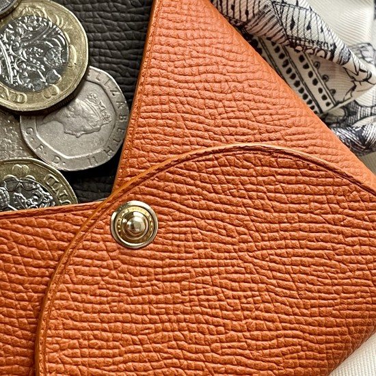 Handmade Epsom Leather Bastia Style Coin Purse in Orange and Gris